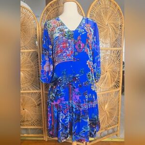Johnny Was Silk Velvet Crane & Floral Drop Waist Midi Dress Cobalt Blue Small
